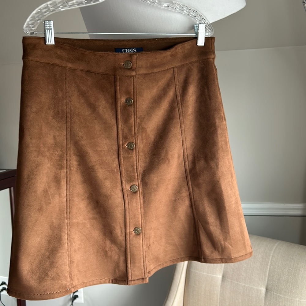 Brown faux suede skirt front buttons size 12, above the knee not too short